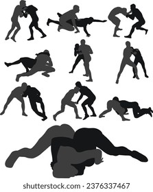 Set of silhouettes athletes wrestler in wrestling, fighting. Greco Roman wrestling, fight, combating, struggle, grappling, duel, mixed martial art, sportsmanship