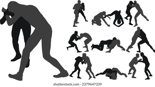 Set of silhouettes athletes wrestler in wrestling, fighting. Greco Roman wrestling, fight, combating, struggle, grappling, duel, mixed martial art, sportsmanship