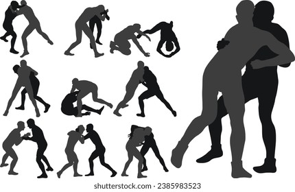 Set of silhouettes athletes wrestler in wrestling, fighting. Greco Roman wrestling, fight, combating, struggle, grappling, duel, mixed martial art, sportsmanship