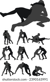 Set of silhouettes athletes wrestler in wrestling, fighting. Greco Roman wrestling, fight, combating, struggle, grappling, duel, mixed martial art, sportsmanship