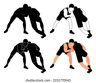 Set silhouettes athletes wrestlers in wrestling, duel, fight. Greco Roman, freestyle, classical wrestling. Martial art