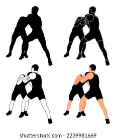 Set silhouettes athletes wrestlers in wrestling, duel, fight. Greco Roman, freestyle, classical wrestling. Martial art