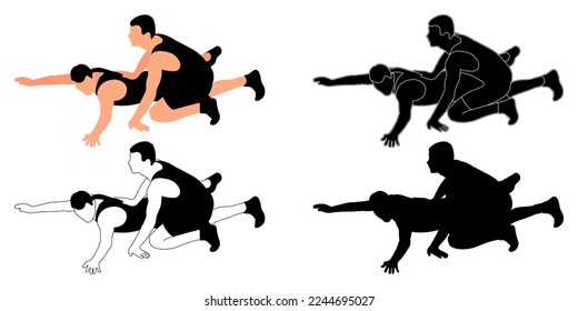 Set silhouettes athletes wrestlers in wrestling, duel, fight. Greco Roman, freestyle, classical wrestling. Martial art