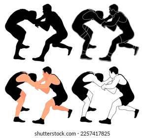 Set silhouettes athletes wrestlers in wrestling, duel, fight. Greco Roman, freestyle, classical wrestling. Martial art