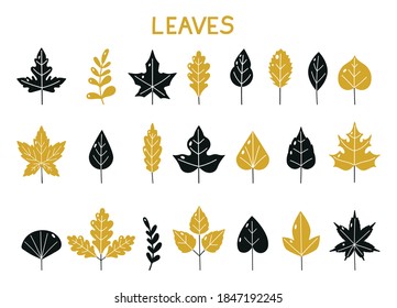 Set of silhouettes of autumn leaves. Autumn leaf fall. Isolated on white background. vector illustration. Botanical forest plants or september october tree foliage.