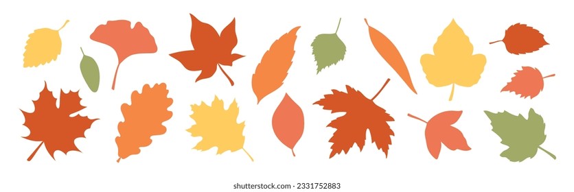 A set of silhouettes of autumn leaves in warm colors