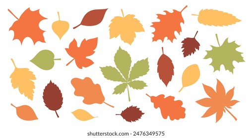 A set of silhouettes of autumn leaves in warm colors