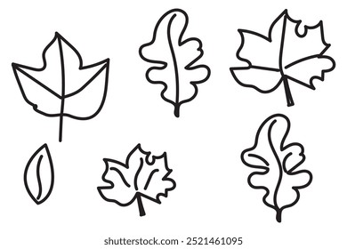 A set of silhouettes of autumn leaves in warm colors