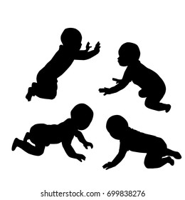 Set of silhouettes of baby, vector, different poses, black color, isolated on white background