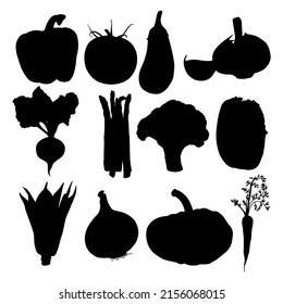 set of silhouettes background in black vegetables, asparagus, tomato, eggplant, pepper, pumpkin,carrot, onion, garlic,broccoli,beetroot, corn