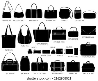 Set of silhouettes of bags for men and women. Collection of luxury modern accessories.