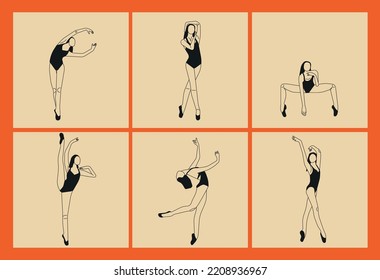 Set of silhouettes of ballet dancers in different poses. Vector illustration. Hand drawn