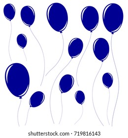 Set of silhouettes of balloons with ropes flying to the sky