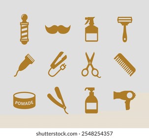 Set of silhouettes of barber tools. Vector on a gray background