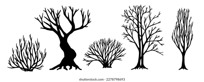 Set of silhouettes of bare trees, bushes.Vector graphics.	