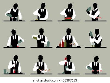 Set of silhouettes of a bartender prepares cocktails Stock vector illustration