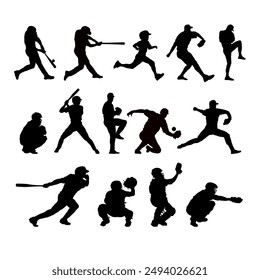 set of silhouettes baseball player, catcher, pitcher, batter - vector illustration