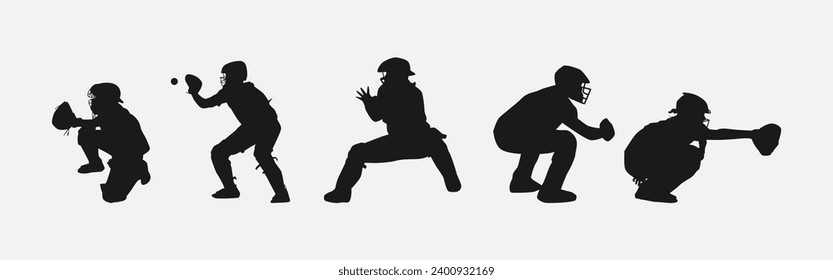 set of silhouettes of baseball player catching the ball with different pose, gesture. catcher. isolated on white background. vector illustration.