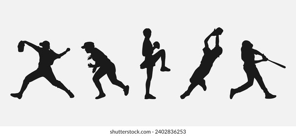 Set of silhouettes of baseball player, female athlete. Different pose, gesture. Isolated on white background. Vector illustration.