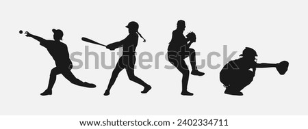 Set of silhouettes of baseball player, female athlete. Different pose, gesture. Isolated on white background. Vector illustration.