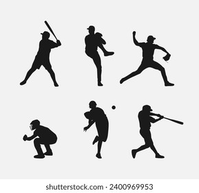 Juego de siluetas de jugador de béisbol, atleta masculino. Acción diferente, pose, gesto. Aislado sobre fondo blanco. Ilustración vectorial.