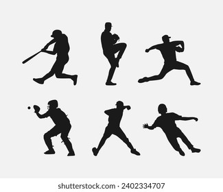 Set of silhouettes of baseball player, male athlete. Different action, pose, gesture. Isolated on white background. Vector illustration.