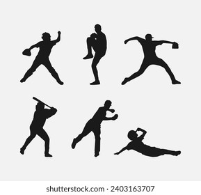 Set of silhouettes of baseball player, male athlete. Different action, pose, gesture. Isolated on white background. Vector illustration.
