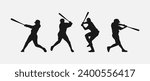 set of silhouettes of baseball player swinging the bat with different pose, gesture. batter. isolated on white background. vector illustration.