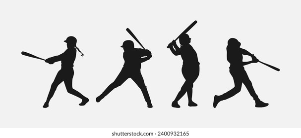 conjunto de siluetas de jugadores de béisbol balanceando el bate con una pose diferente, gesto. bateador. aislado de fondo blanco. ilustración vectorial.