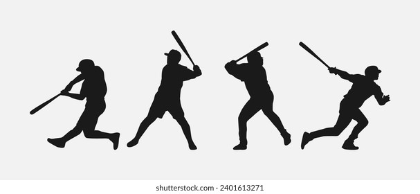 set of silhouettes of baseball player swinging the bat with different pose, gesture. batter. isolated on white background. vector illustration.