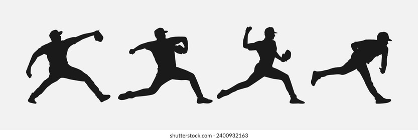 set of silhouettes of baseball player throwing the ball. side view. pitcher. isolated on white background. vector illustration.