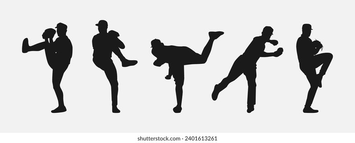 set of silhouettes of baseball player throwing ball. front look. isolated on white background. vector illustration.