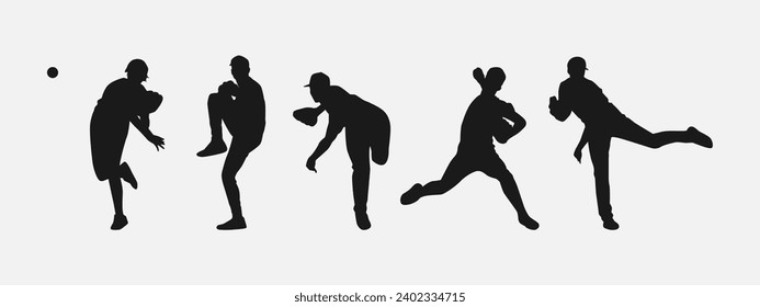 set of silhouettes of baseball player throwing ball. front look. isolated on white background. vector illustration.