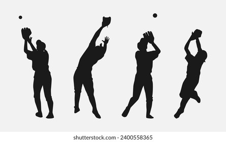 conjunto de siluetas de jugadores de béisbol saltando y atrapando la pelota con diferentes poses, gestos. de campo. aislado de fondo blanco. ilustración vectorial.