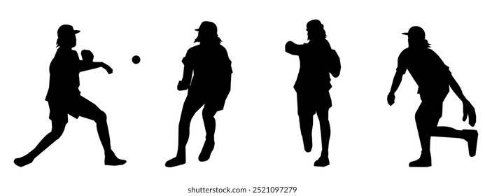 Set of silhouettes of baseball players, male athletes. Different poses, gestures. Isolated on white background. Vector illustration.