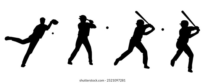 Set of silhouettes of baseball players, male athletes. Different poses, gestures. Isolated on white background. Vector illustration.