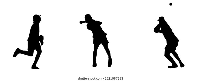 Set of silhouettes of baseball players, male athletes. Different poses, gestures. Isolated on white background. Vector illustration.