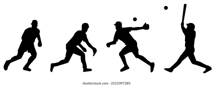 Set of silhouettes of baseball players, male athletes. Different poses, gestures. Isolated on white background. Vector illustration.