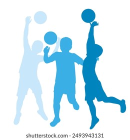 Set of silhouettes of a basketball player boy hitting the ball