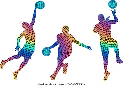 Set of silhouettes of basketball players from colored dots. Isolated vector abstract images