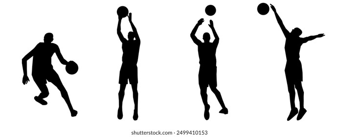 set of silhouettes of basketball players with different poses, gestures. isolated on white background. vector illustration.