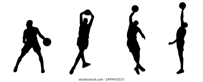 set of silhouettes of basketball players with different poses, gestures. isolated on white background. vector illustration.