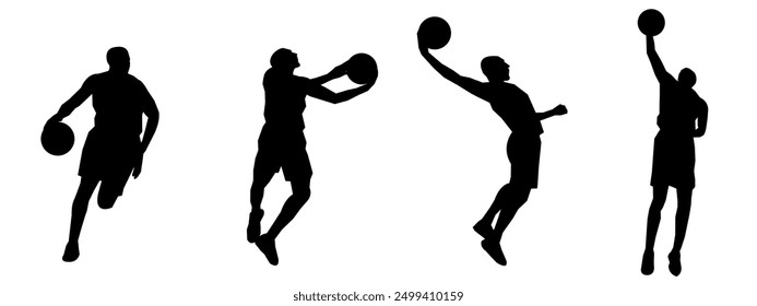 set of silhouettes of basketball players with different poses, gestures. isolated on white background. vector illustration.