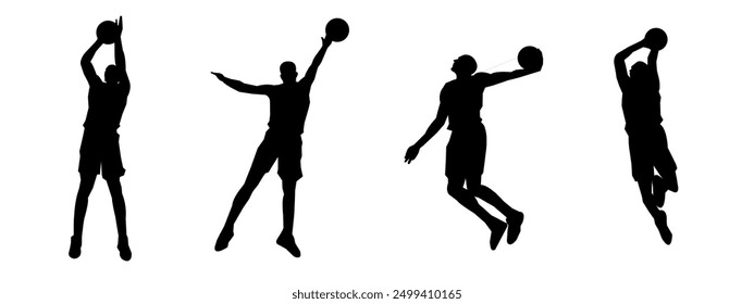 set of silhouettes of basketball players with different poses, gestures. isolated on white background. vector illustration.