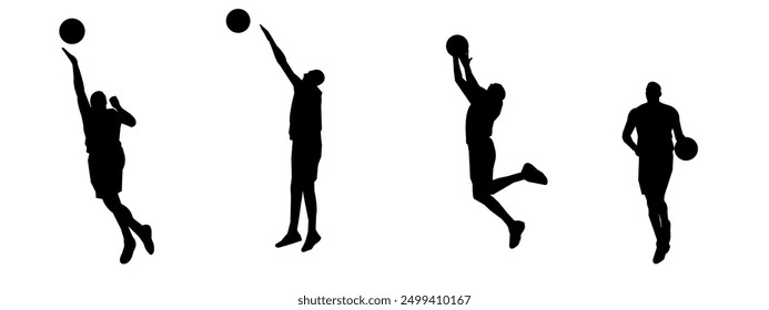 set of silhouettes of basketball players with different poses, gestures. isolated on white background. vector illustration.