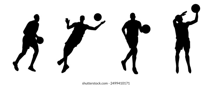 Silhouetten von Basketballspielern mit verschiedenen Posen, Gesten. einzeln auf weißem Hintergrund. Vektorgrafik.