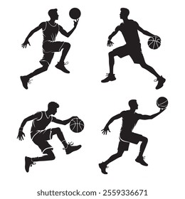 Set of silhouettes of basketball players with different poses, isolated on white background, vector illustration.