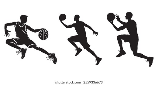 Set of silhouettes of basketball players with different poses, isolated on white background, vector illustration.