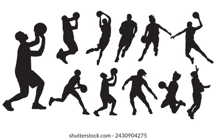 set of silhouettes of basketball players. The player throws the ball while jumping