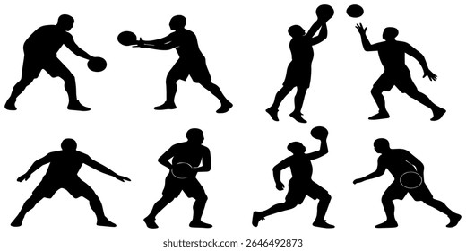 Definir silhuetas de jogadores de basquete em várias poses de ação, incluindo driblar, atirar e passar. As posições dinâmicas dos jogadores capturam a intensidade e o movimento do esporte